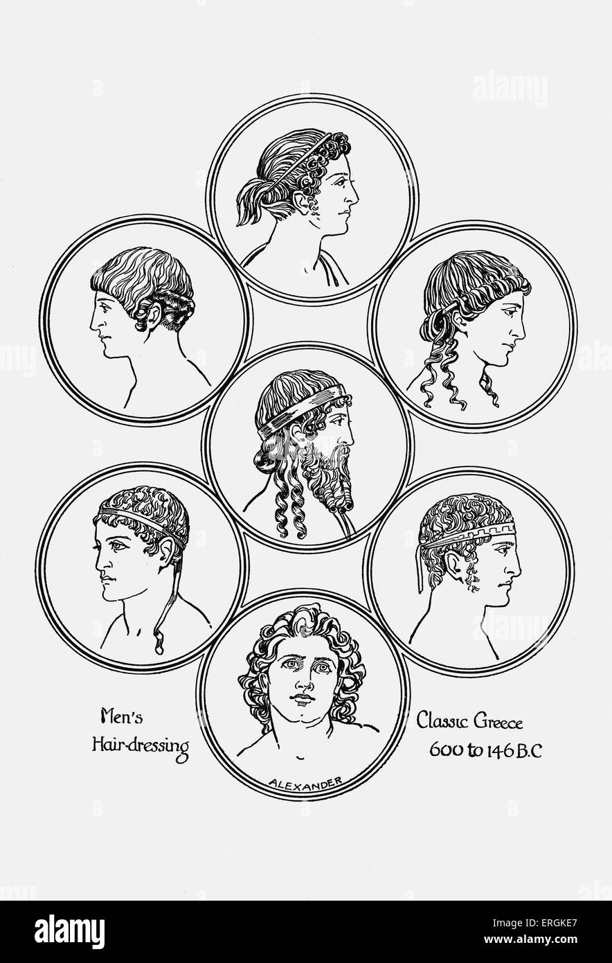 Antike griechische Frisuren. Beispiel für Herren Friseur im klassischen Griechenland, 600-146 BC.  Herbert Norris Künstler starb 1950- Stockfoto