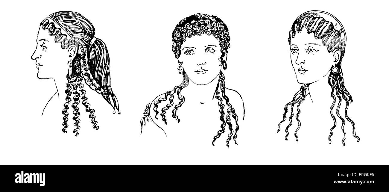Antike griechische Frisuren. Beispiel für antike griechische weibliche Frisuren und Kopfbedeckungen in 600-468 v. Chr. Griechenland.    Herbert Norris Stockfoto