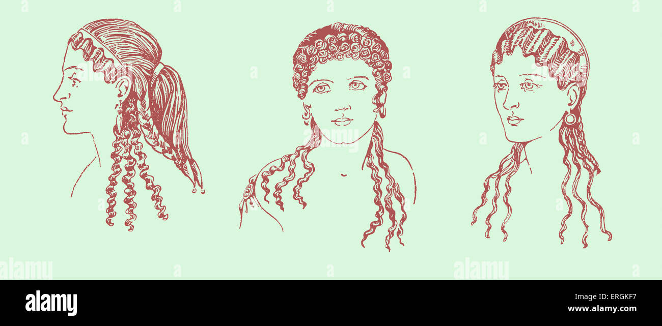 Antike griechische Frisuren. Beispiel für antike griechische weibliche Frisuren und Kopfbedeckungen in 600-468 v. Chr. Griechenland.    Herbert Norris Stockfoto