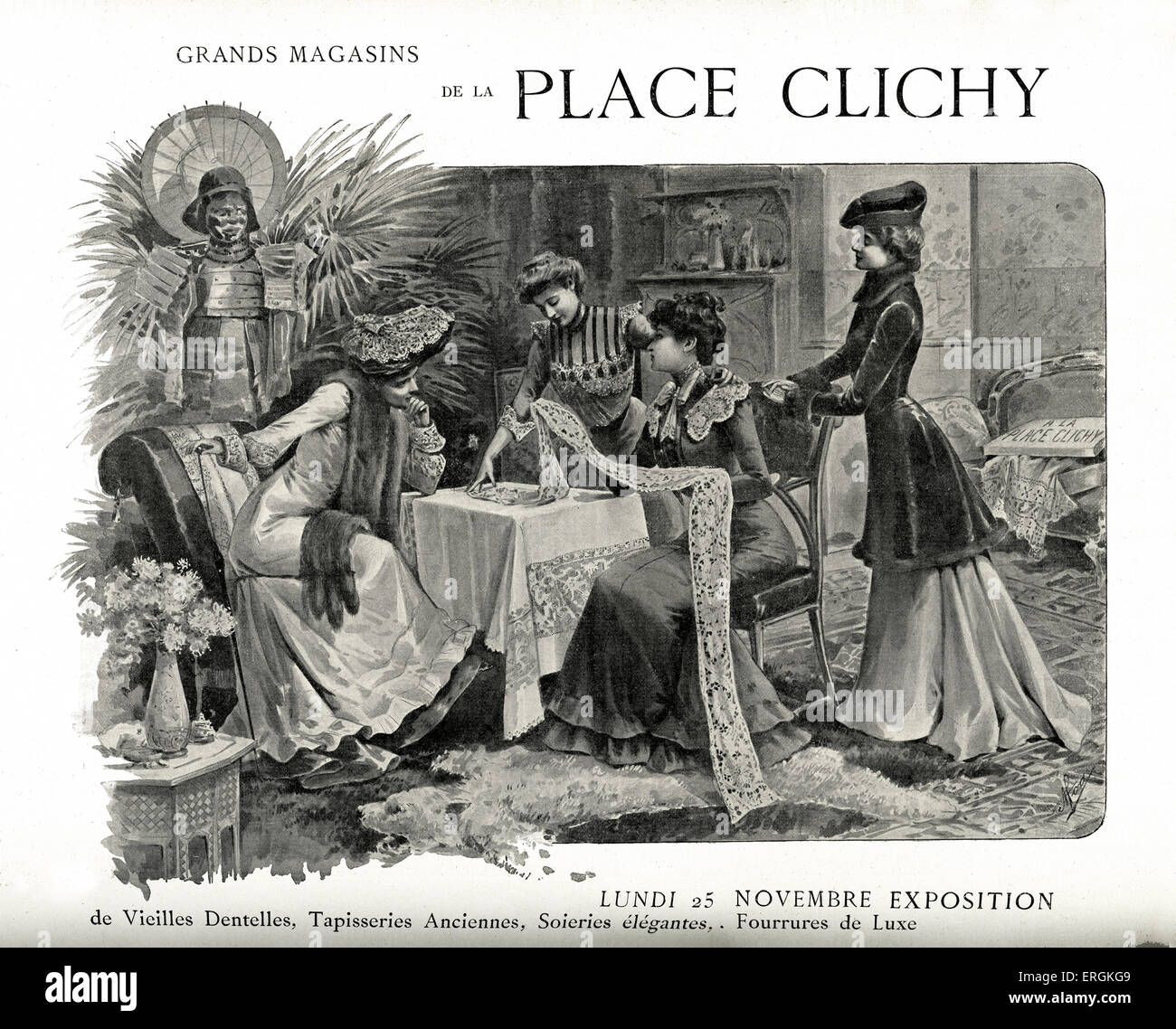 Französische Werbung für die Ausstellung von Deparmtent Geschäften der Place Clichy, Paris ("Grands Magasins De La Place Clichy").  25 Stockfoto