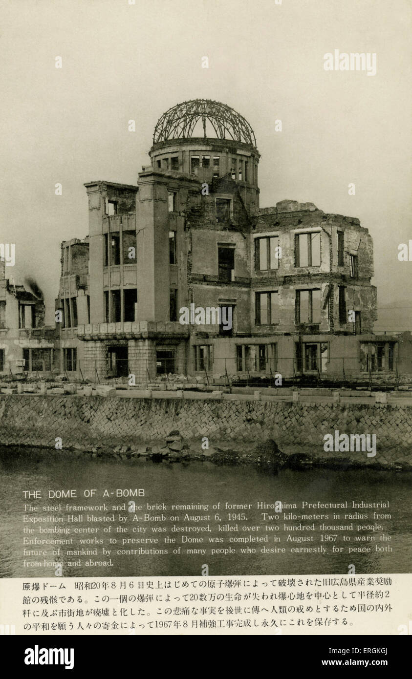 Hiroshima, Japan. Ruinen nach zuerst Atomic zuzuschlagen. Bildunterschrift lautet: "die Kuppel der a-Bombe: das Stahlgerüst und die Ziegel Stockfoto