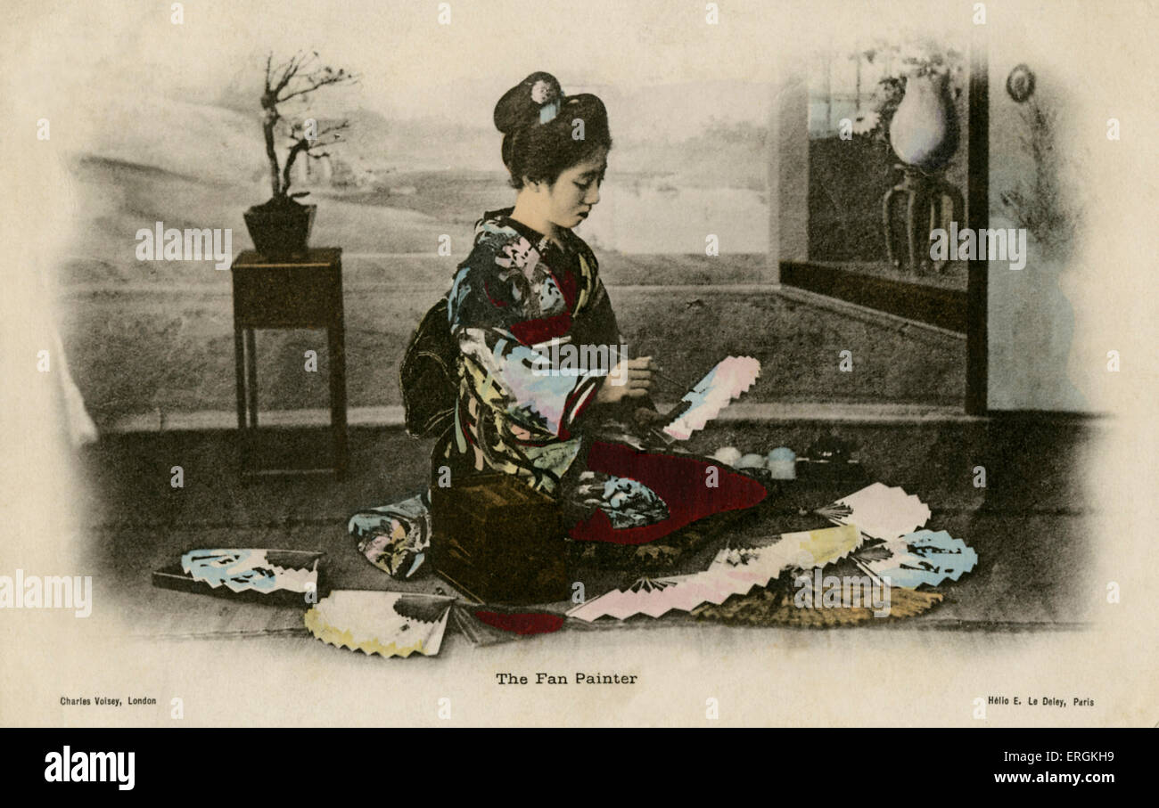 Japanische fan-Maler, Mitte zu späten Meiji-Zeit (1868-1912). Als Japan seine Grenzen im Jahr 1853 öffnete, wurden seine raffinierten Künste wie Ventilator Malerei, insbesondere Kuriositäten zu europäischen Adels. Stockfoto