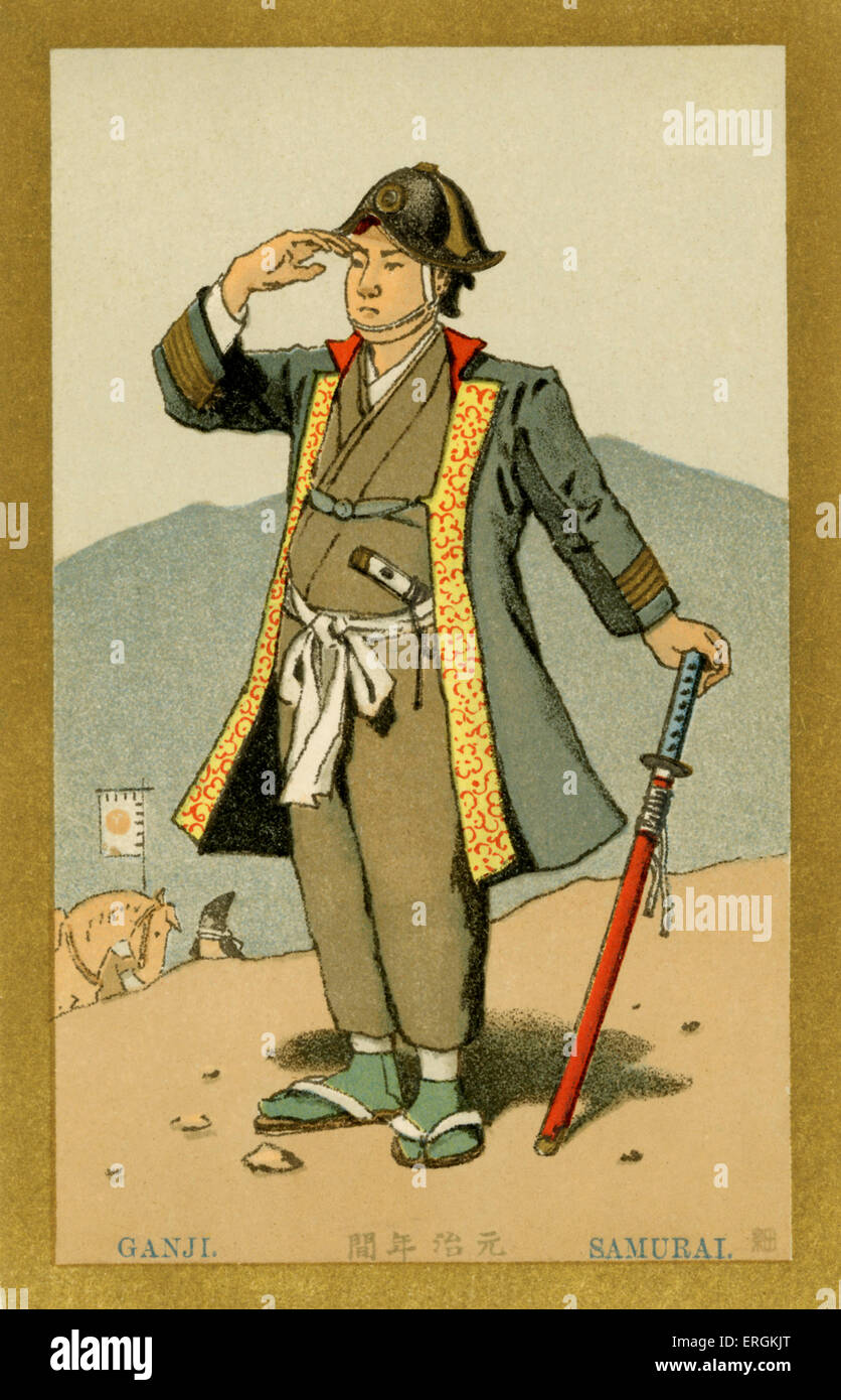 Samurai im Bezugszeitraum Ganji. Die Samurai trägt eine Mischung aus traditionellen und westlichen Kleid, einschließlich einen Western-Stil Stockfoto