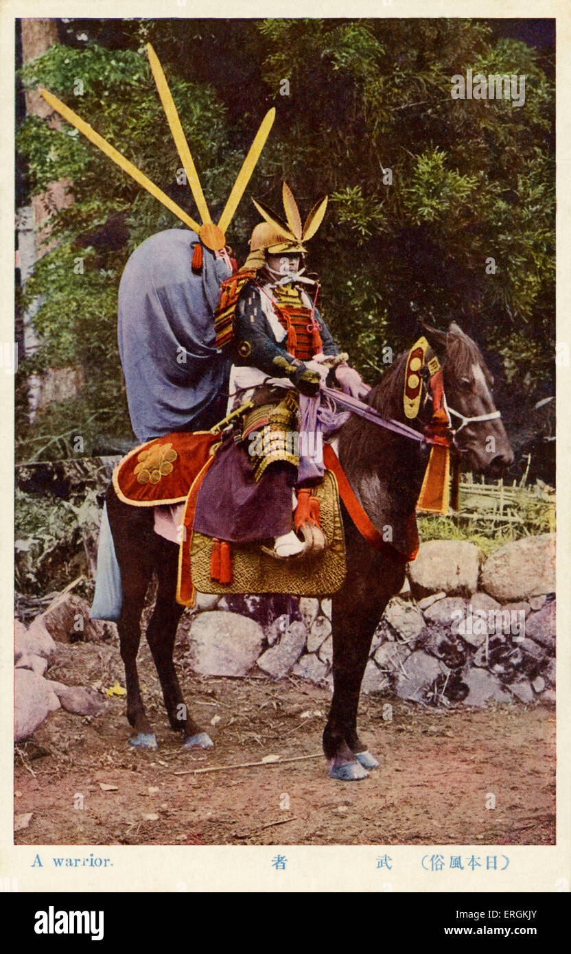 Samurai auf dem Pferderücken, Japan, späten Meiji-Zeit (1868-1912). Bildunterschrift lautet: "ein Krieger". Stockfoto