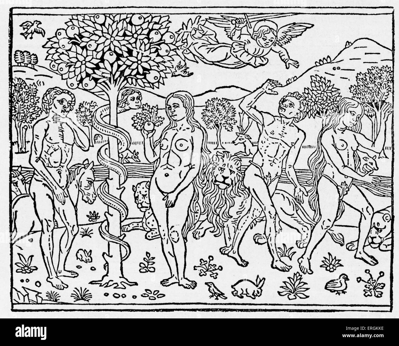 Versuchung Evas im Garten Eden von der Schlange. Auf der rechten Seite werden Adam und Eva aus dem Garten von Eden gegossen.  Von Stockfoto