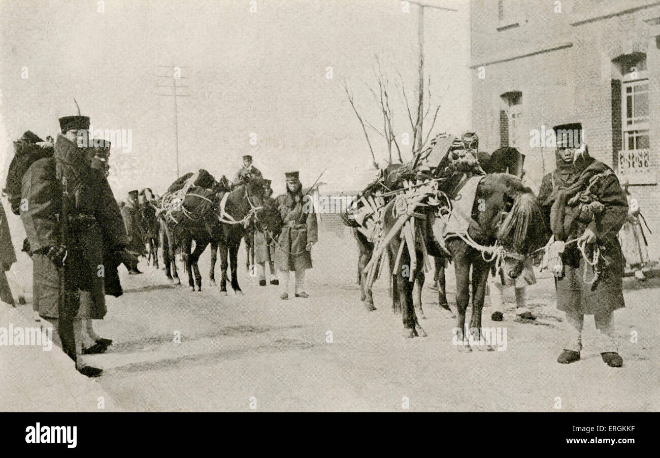 Japanische Pioniere in Korea zu Beginn des russisch-japanischen Krieg (1904-5). Bildunterschrift lautet: "Les Sapeurs Japonais Se Stockfoto