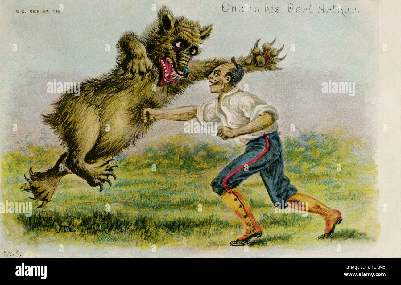 Angriff auf Port Arthur - britische Postkarte (1904). Ein japanischer Soldat schlägt einen Bären, eine Allegorie der Russischen Föderation. Bildunterschrift: "man in seinem Stockfoto