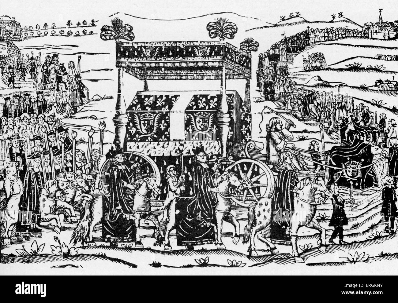 Beerdigung von Anna von Österreich - von Gravuren, Ende des 17. Jahrhunderts. Wahrscheinlich Paris.  Königin-Gemahl von Frankreich und Navarra, Stockfoto