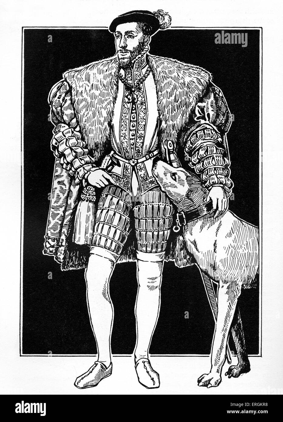 Kaiser Charles V (1500-1558) mit Jagdhund. Herrscher des Heiligen Römischen Reiches von 1519 und des spanischen Reiches aus dem Jahre 1516 (als Charles ich). Nach dem Porträt von Tizian, Tiziano Vecelli oder Tiziano Vecellio (c.1488 - 1576) aus 1533.After original Künstlers Herbert Norris starb 1950 - erfordern copyright clearance Stockfoto