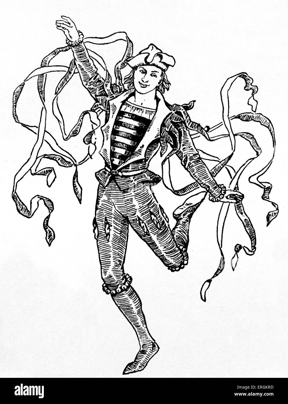 Beispiel für ein Morris Tänzer in der Tudor-Zeit im 16. Jahrhundert Britain.After original Künstlers Herbert Norris starb 1950 - erfordern copyright clearance Stockfoto