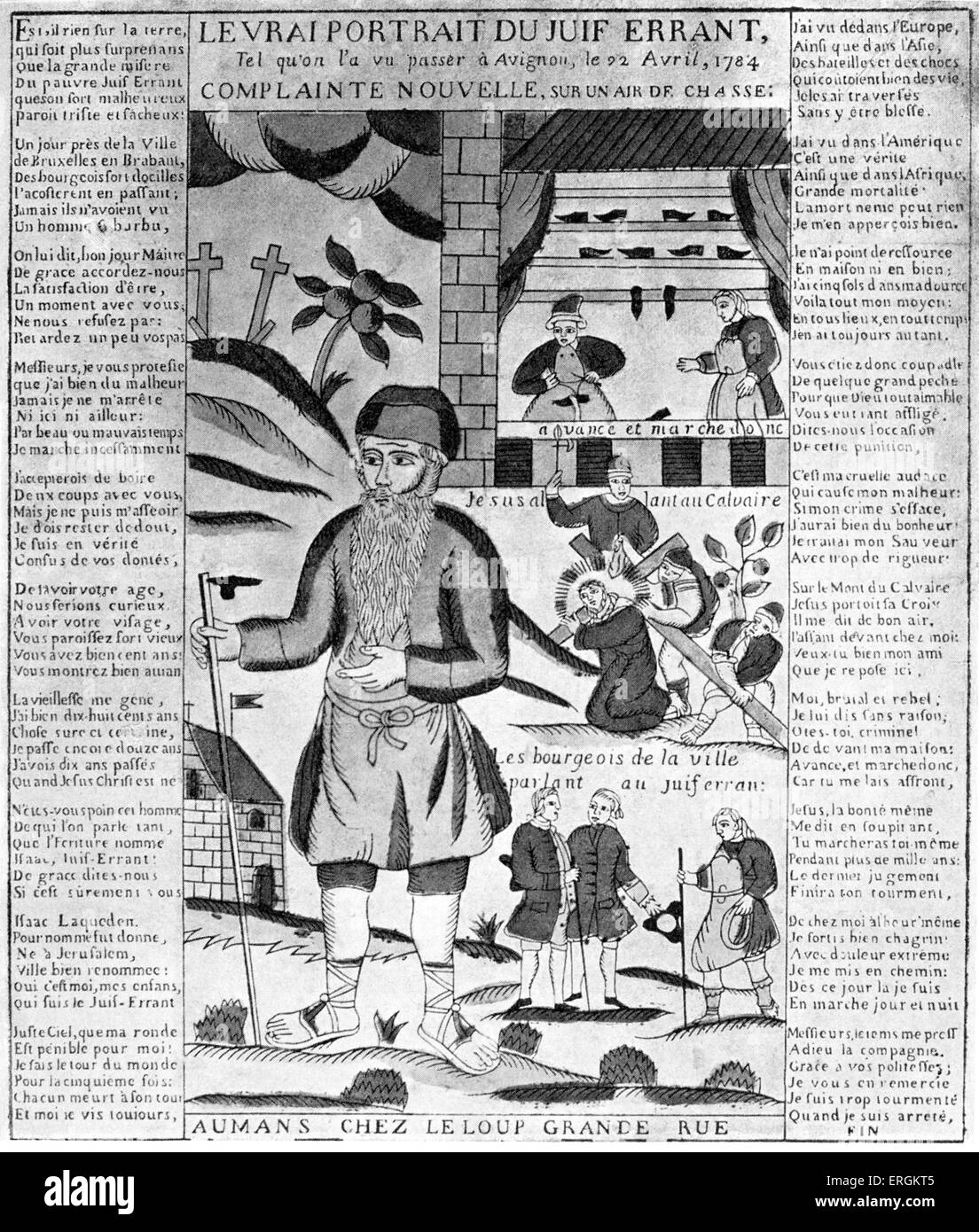 Der ewige Jude - illustrierte Klagelied. 19. Jahrhundert Gravur vom Anfang des 19. Jahrhunderts, kopiert aus einem Bild von Orléans des 18. Jahrhunderts. In Le Mans, Frankreich, von Le Loup gedruckt. Bildunterschrift: "wahre Porträt der ewige Jude, wie er auf der Durchreise Avignon am 22. April 1784 gesehen wurde. Neue Klage auf eine Jagd-Melodie ". Französisch: "Le Vrai Portrait du Juif Errant, tel qu l ' a Vu Passer À Avignon le 22 Avril, 1784. COMPLAINTE NOUVELLE, Sur un Air de Chasse'. Stockfoto