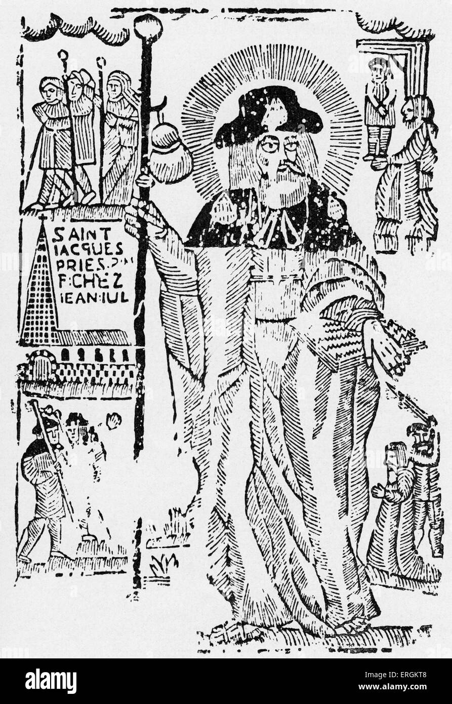Der Heilige Jakobus der ältere - bretonischen Holzstich von Jean Iul der Ploarré. Französischer Titel: Saint-Jacques-de-Compostela. Auch bekannt Stockfoto