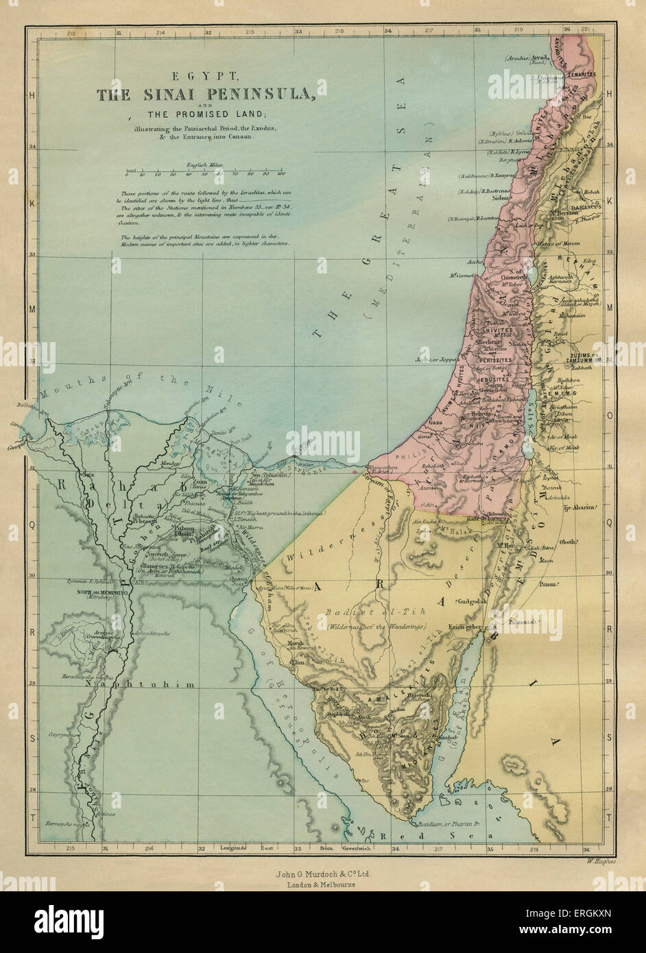 19. Jahrhundert-Karte der Halbinsel Sinai (Ägypten) zur Veranschaulichung der patriarchalischen Periode, dem Exodus und der Eingang nach Kanaan von Stockfoto