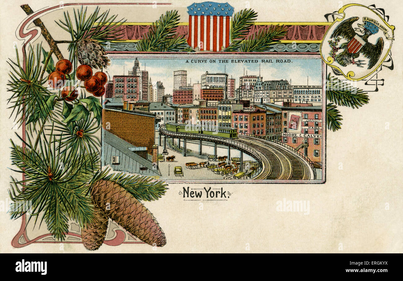 New York Eisenbahn, Anfang des zwanzigsten Jahrhunderts. Bildunterschrift lautet: "eine Kurve auf der erhöhten Railroad". Stockfoto