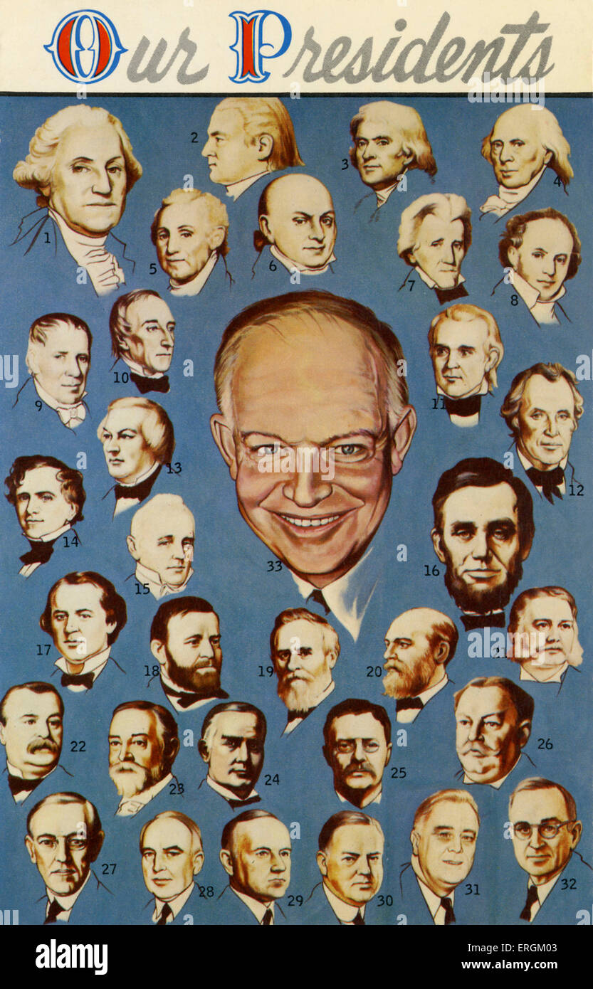 US-Präsidenten; Eisenhower Mitte. Anderen Präsidenten aufgeführt: 1. George Washington; 2. John Adams; 3. Thomas Jefferson; Stockfoto