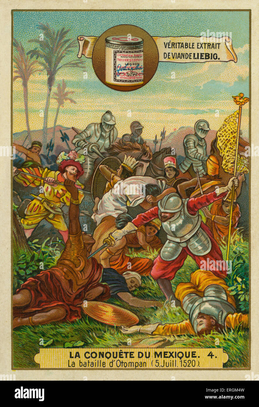 Die Schlacht von Otumpa zwischen aztekische und spanische Truppen im Juli 1520. (Französisch: La Bataille d'Otompan, 5 Juillet 1520).  Liebig Stockfoto