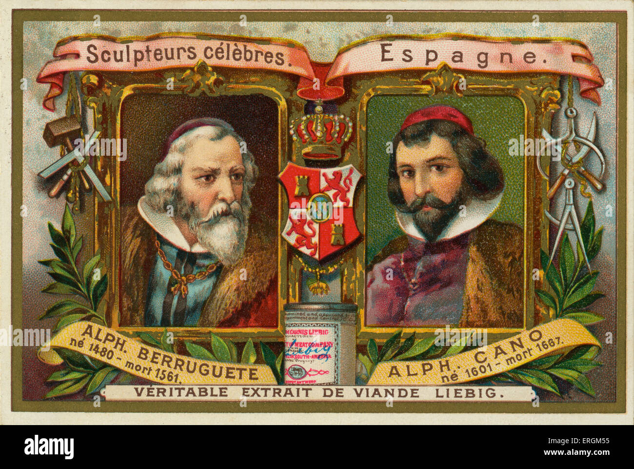 Alonso Berruguete (1480-1561) und Alonso Cano (1601-1667) - berühmte spanische Bildhauer. Liebig-Karte, berühmter Bildhauer, 1897. Stockfoto