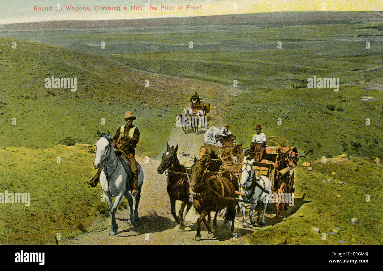 Wagen in der Prärie. Ende des 19. Jahrhunderts Bildunterschrift lautet: "round up Wagen, einen Hügel, der Pilot vorne Klettern". Stockfoto