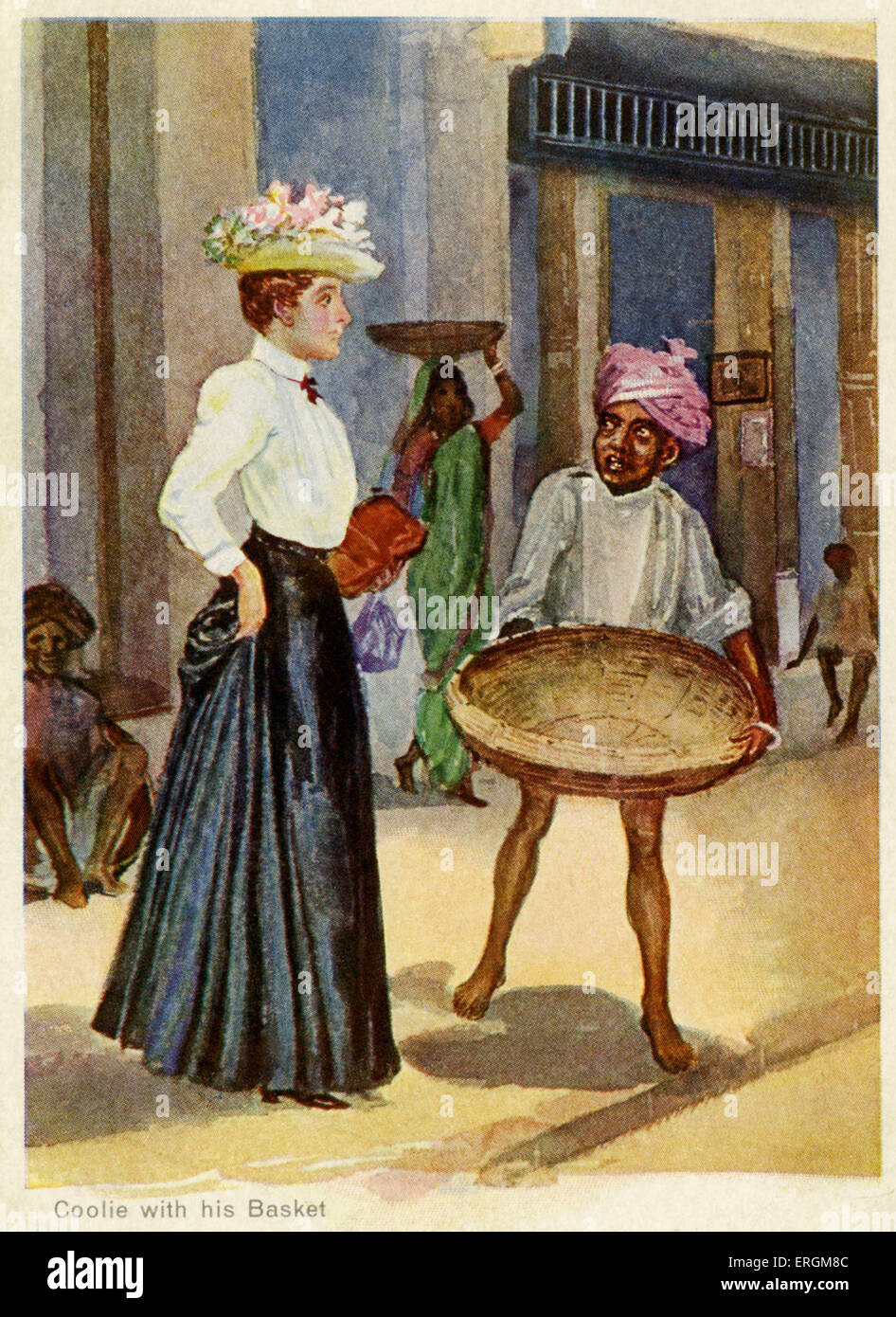 Indischer Diener vor englischen Dame stehen. Illustration von Anfang des 20. Jahrhunderts. Titel lautet: "Kuli mit seinem Korb". Stockfoto