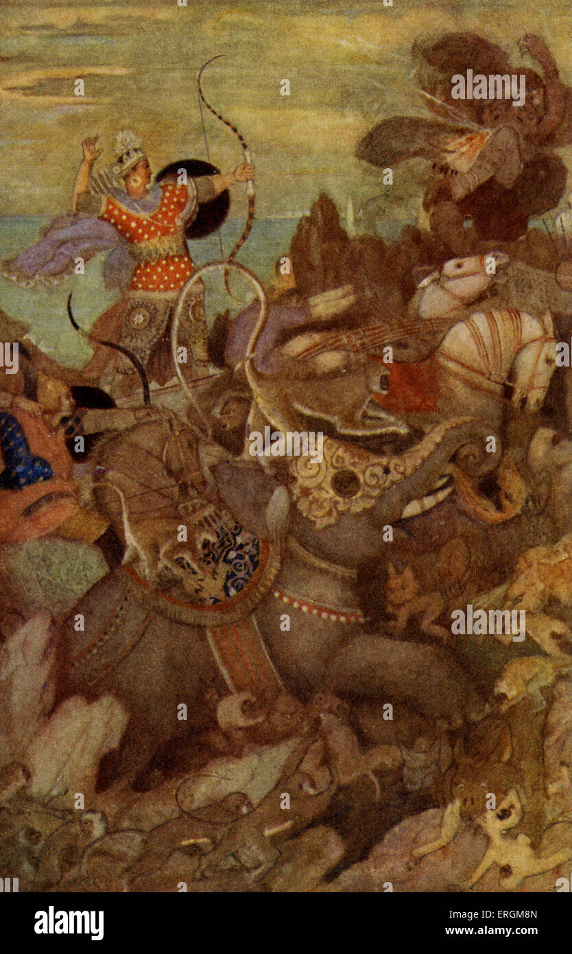 Rama feuert seinen Pfeil auf Ravana. Illustration von Anfang des 20. Jahrhunderts. In der Geschichte ist der Widder Frau Sita von Ravana entführt. Stockfoto