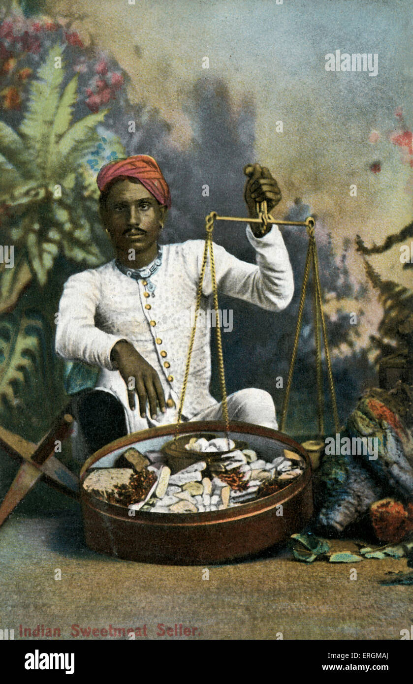 Indische Leckerei Verkäufer. Farbausführung Foto aus dem frühen 20. Jahrhundert. Stockfoto