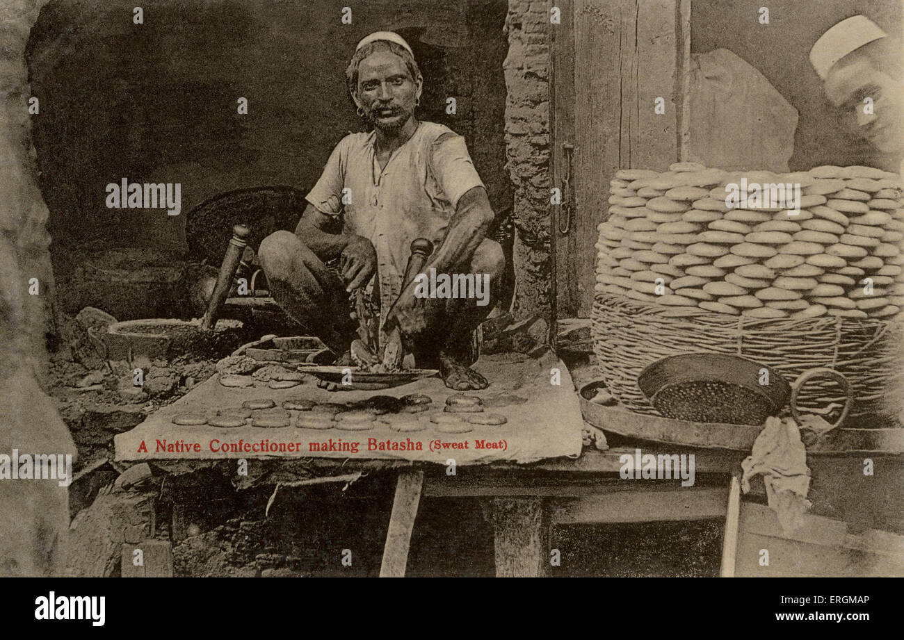 Indische Leckerei Verkäufer. Foto vom Anfang des 20. Jahrhunderts. Bildunterschrift lautet: "Native Konditor machen Batasha (süße Fleisch)". Stockfoto