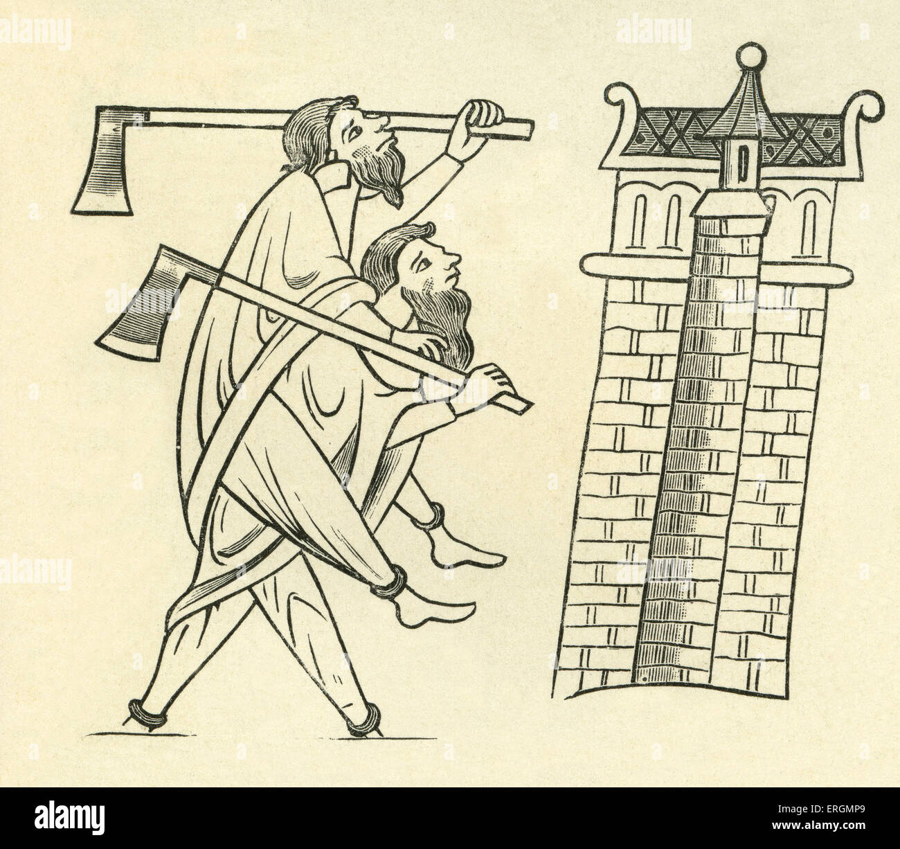 Zwei Iren Angriff auf einen Turm, eine mit dem anderen. Abbildung nach Roy Manuskript, 13. Jahrhundert. Stockfoto