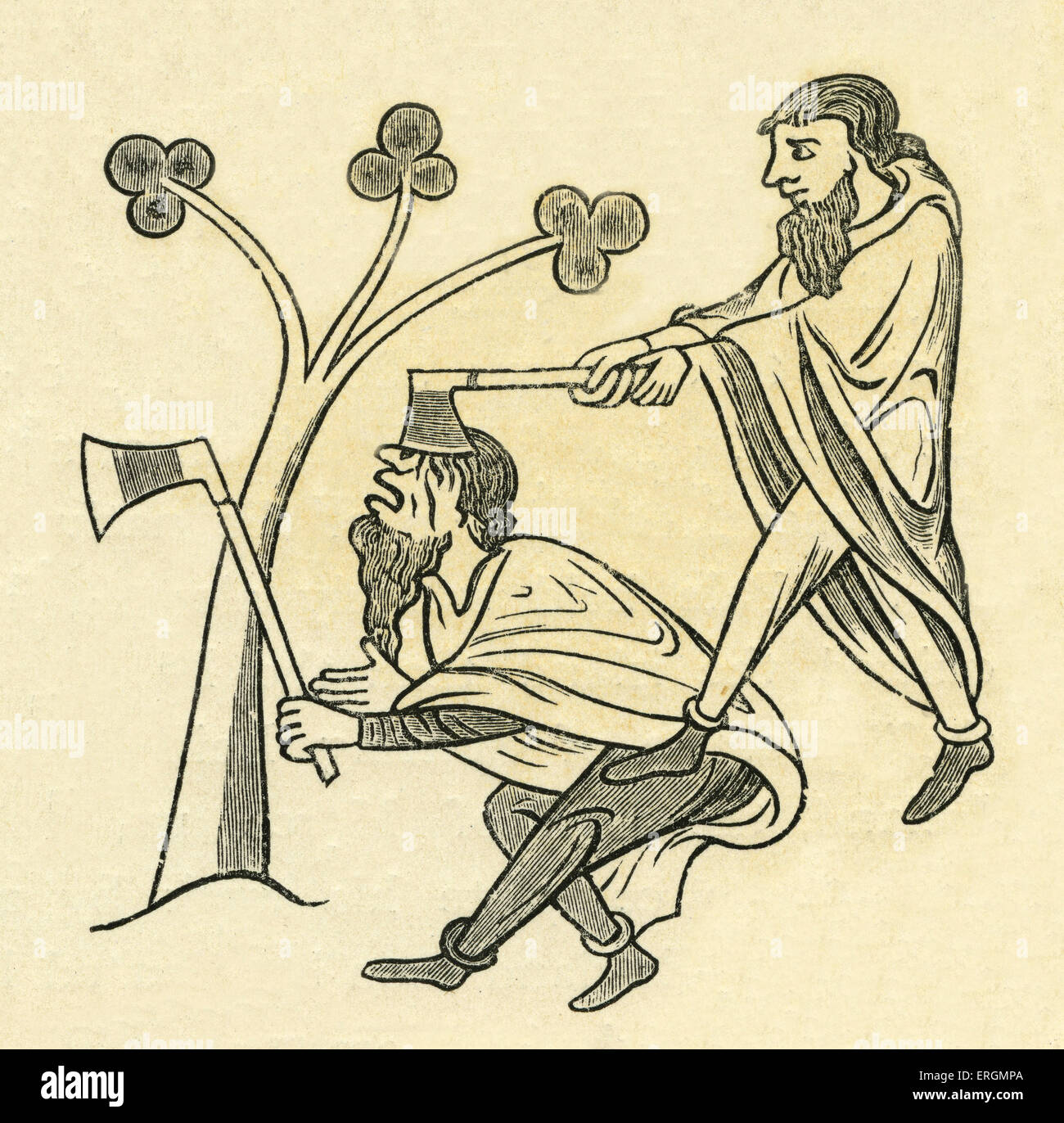 Zwei kämpfende Iren mit Achsen, eine Kollision mit einem anderen in den Kopf. Abbildung nach Roy Manuskript, 13. Jahrhundert Stockfoto