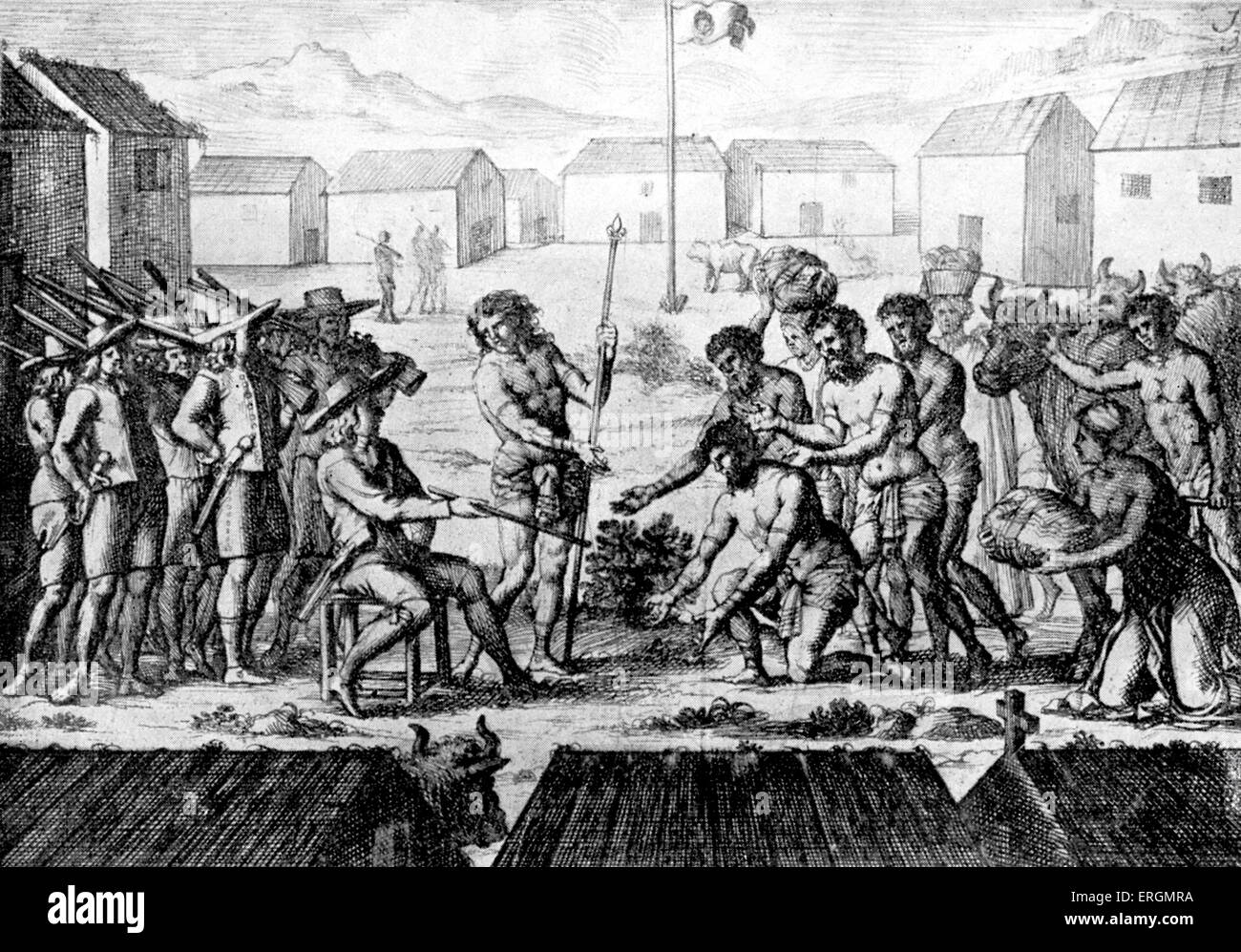 Das Hissen der französischen Flagge in Madagaskar in der Mitte des 17. Jahrhunderts.  Madagascarians gesehen, einladende bewaffnet französische Beamten- Stockfoto Das Hissen der französischen Flagge in Madagaskar in der Mitte des 17. Jahrhunderts.  Madagascarians gesehen, einladende bewaffnet französische Beamten- Stockfoto