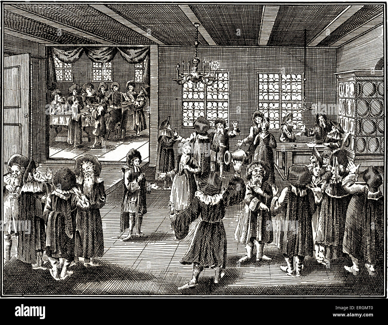 Verlobung oder Engagement von zwei deutschen Juden in Nürnberg, 18. Jahrhundert. Von Kirchner, "Judisches Ceremoniell," 1726 Stockfoto