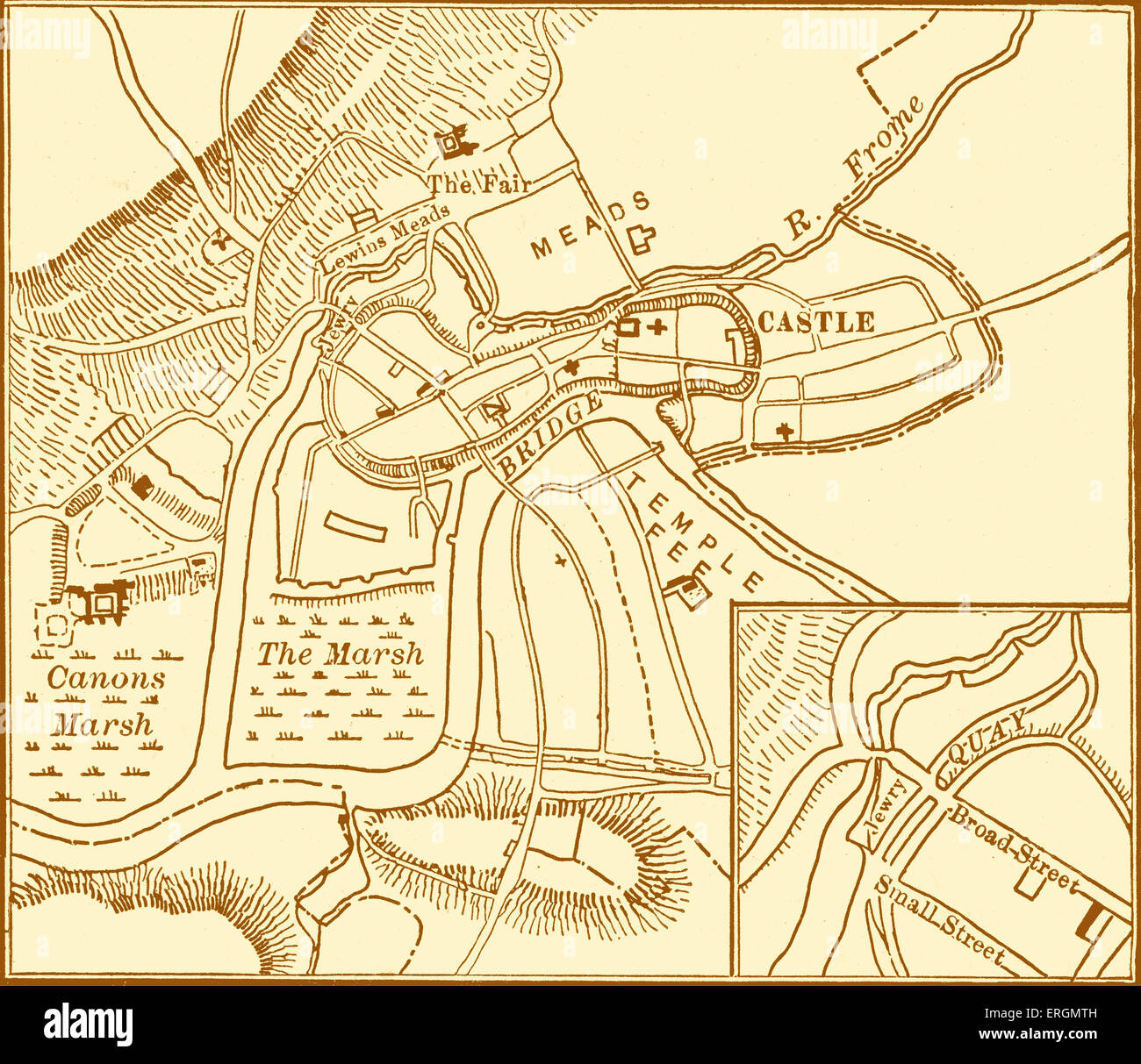 Lage des jüdischen Viertels in Bristol, c. 1250. Nach einer Karte von William Hunt, "Bristol". Stockfoto