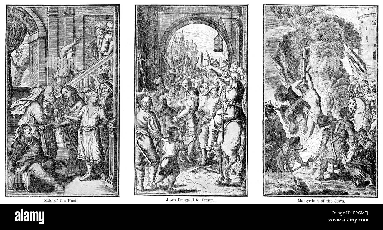Das Massaker von Brüssel, 1370. Diese Bilder zeigen das Massaker an etwa zwanzig Juden nach Anschuldigungen der Host-Schändung (die Stockfoto