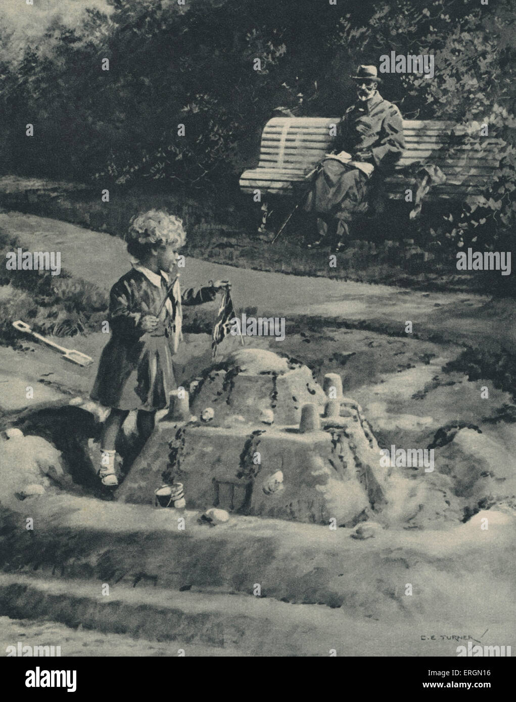 George V beobachten Prinzessin Margaret eine Sandburg auf dem Gelände des Craigwell House, Bognor Regis, während seiner Genesung im Jahre 1929 zu bauen. GV: Britische Monarch, 3. Juni 1865 – 20. Januar 1936. 1910-1936 entschied. PM: Countess of Snowdon, Schwester von Elizabeth II., 1930-2002. Stockfoto