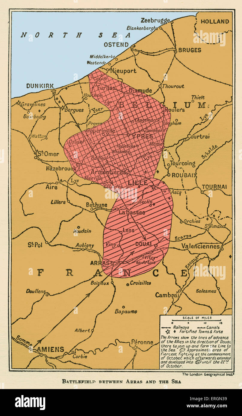 WWI - Karte des Schlachtfeldes zwischen Arras und dem Meer Stockfoto