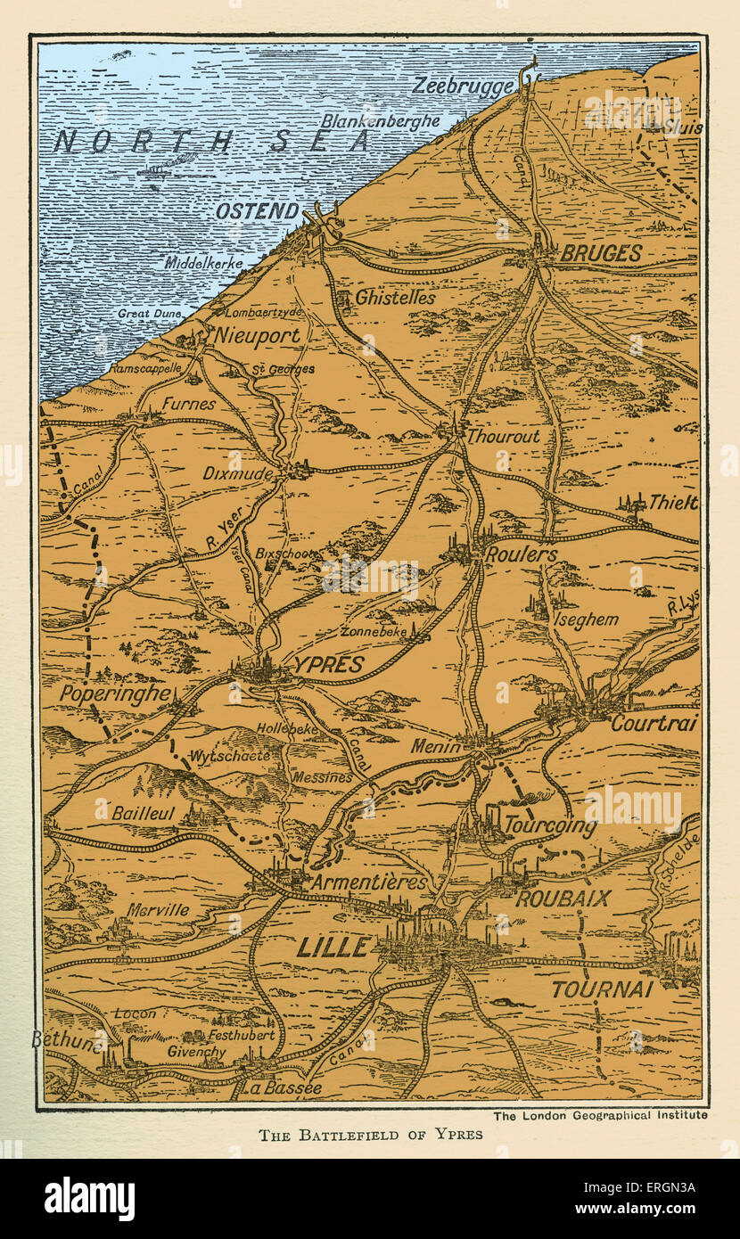 WWI - Karte des Schlachtfeldes von Ypern Stockfoto
