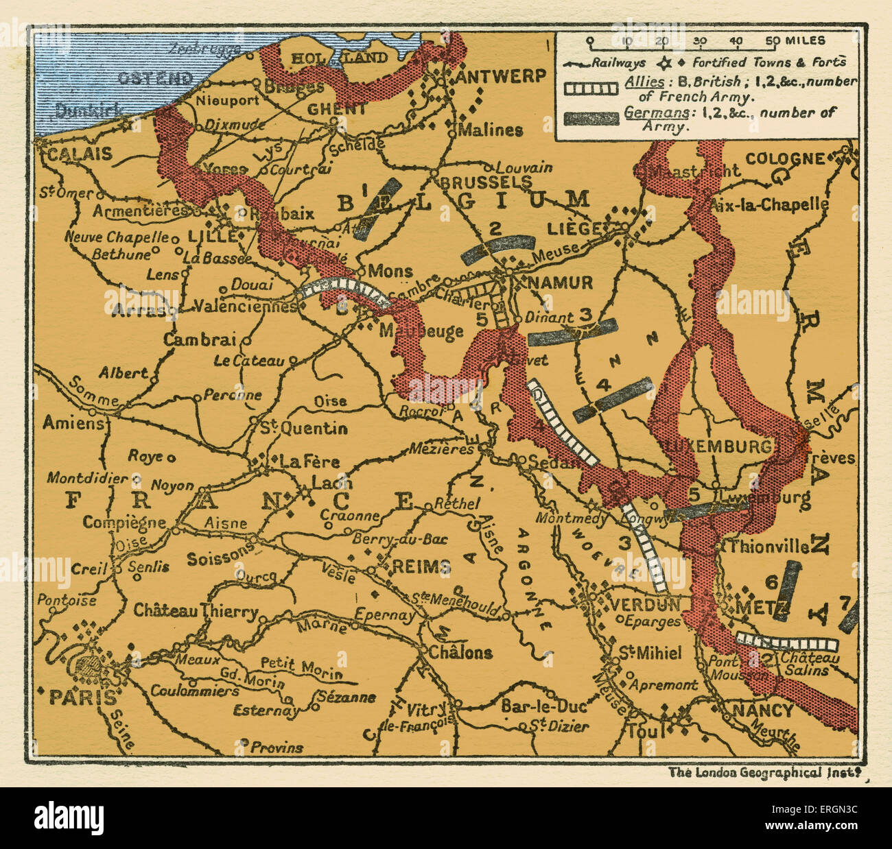 WWI - Karte von der Position der Armeen 22. August 1914 in Belgien und Frankreich Shwoing Bundeswehr Divisionen und Briten und Stockfoto