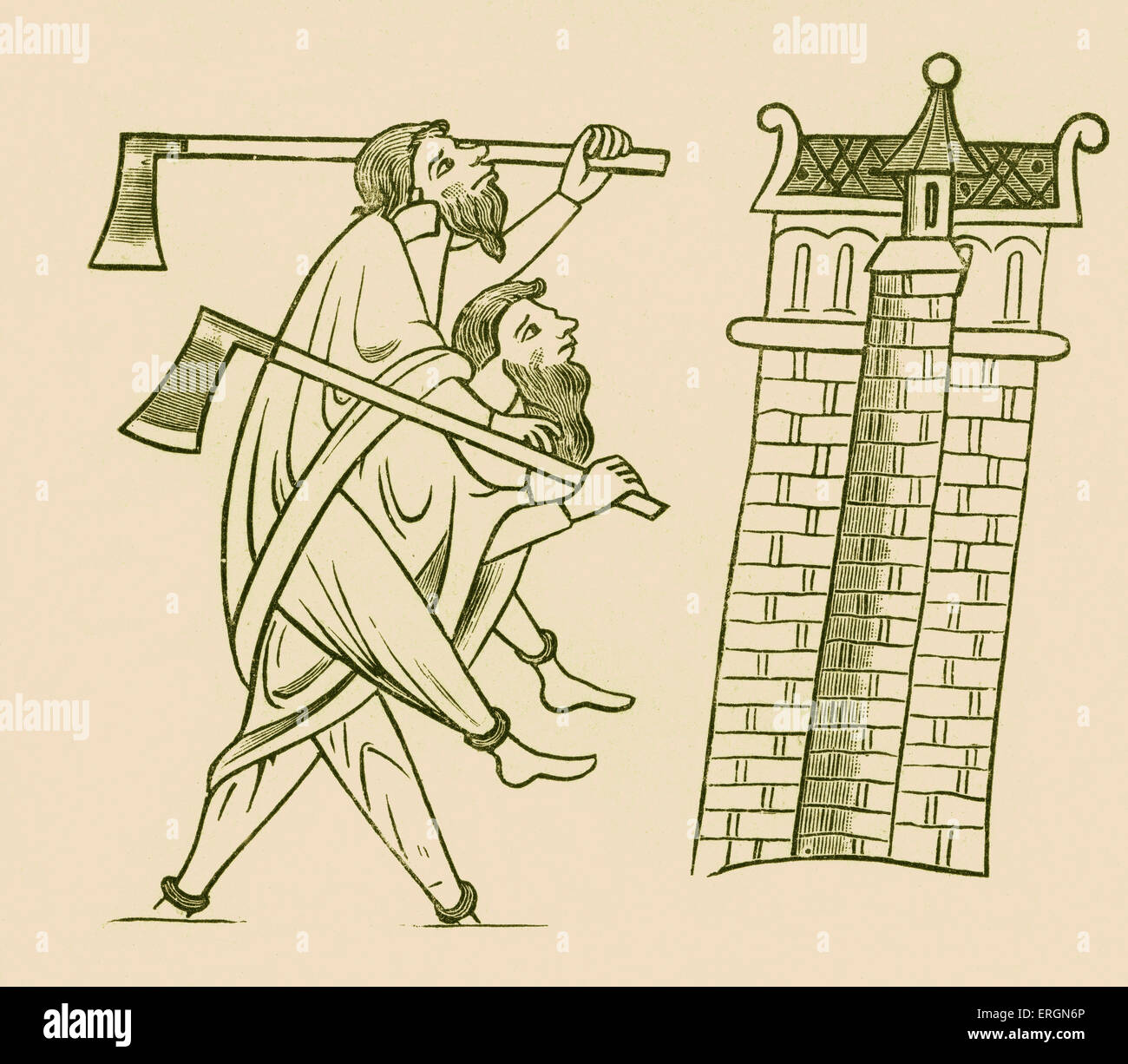 Zwei Iren Angriff auf einen Turm, eine mit dem anderen. Abbildung nach Roy Manuskript, 13. Jahrhundert. Stockfoto