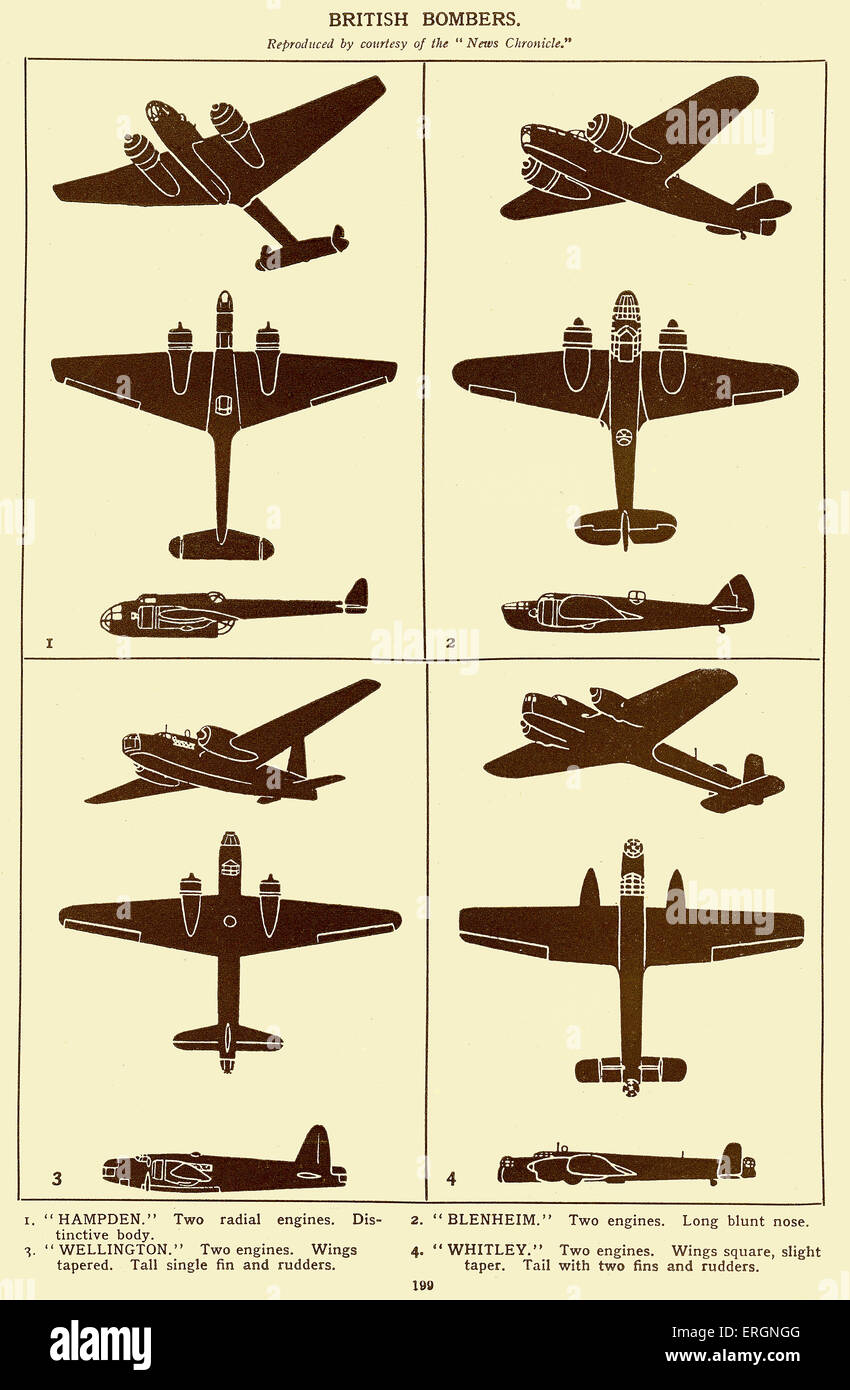 WW2 - britische Bomber. Diagramme der Hampden, Blenheim, Wellington und Whitley-Bomber. Stockfoto