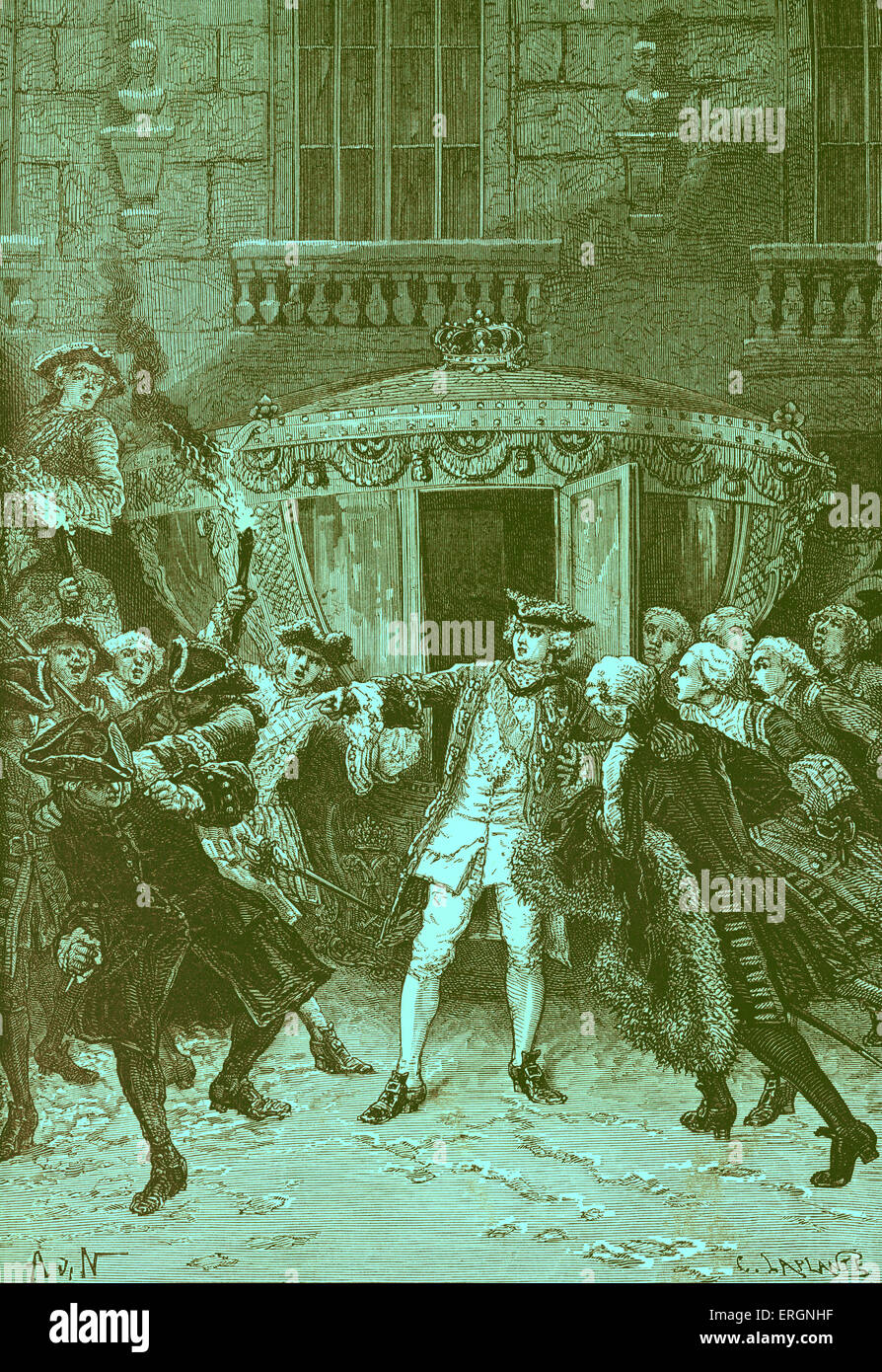 Am 5. Januar 1757, als Louis XV König von Frankreich wurde in seiner Kutsche, Robert-François Damiens stürzte vorwärts und stach ihn mit einem Messer. Er wurde als ein Königsmord verurteilt und verurteilt, gezeichnet und geviertelt. Robert-François Damiens, 9. Januar 1715 - 28. März 1757 Stockfoto