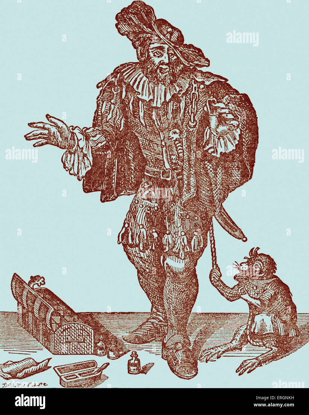 17. Jahrhundert Mountebank der englischen messen. Skrupellose Verkäufer Hausierhandel Quack Medikamente, inklusive Mountebanksalso verschiedenen Stockfoto