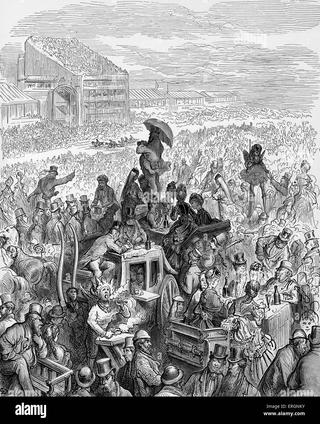 Die Derby - beim Mittagessen. Auch bekannt als die Derby Stakes, Epsom Derby und das englische Derby. Gravur von Gustave Doré aus Stockfoto