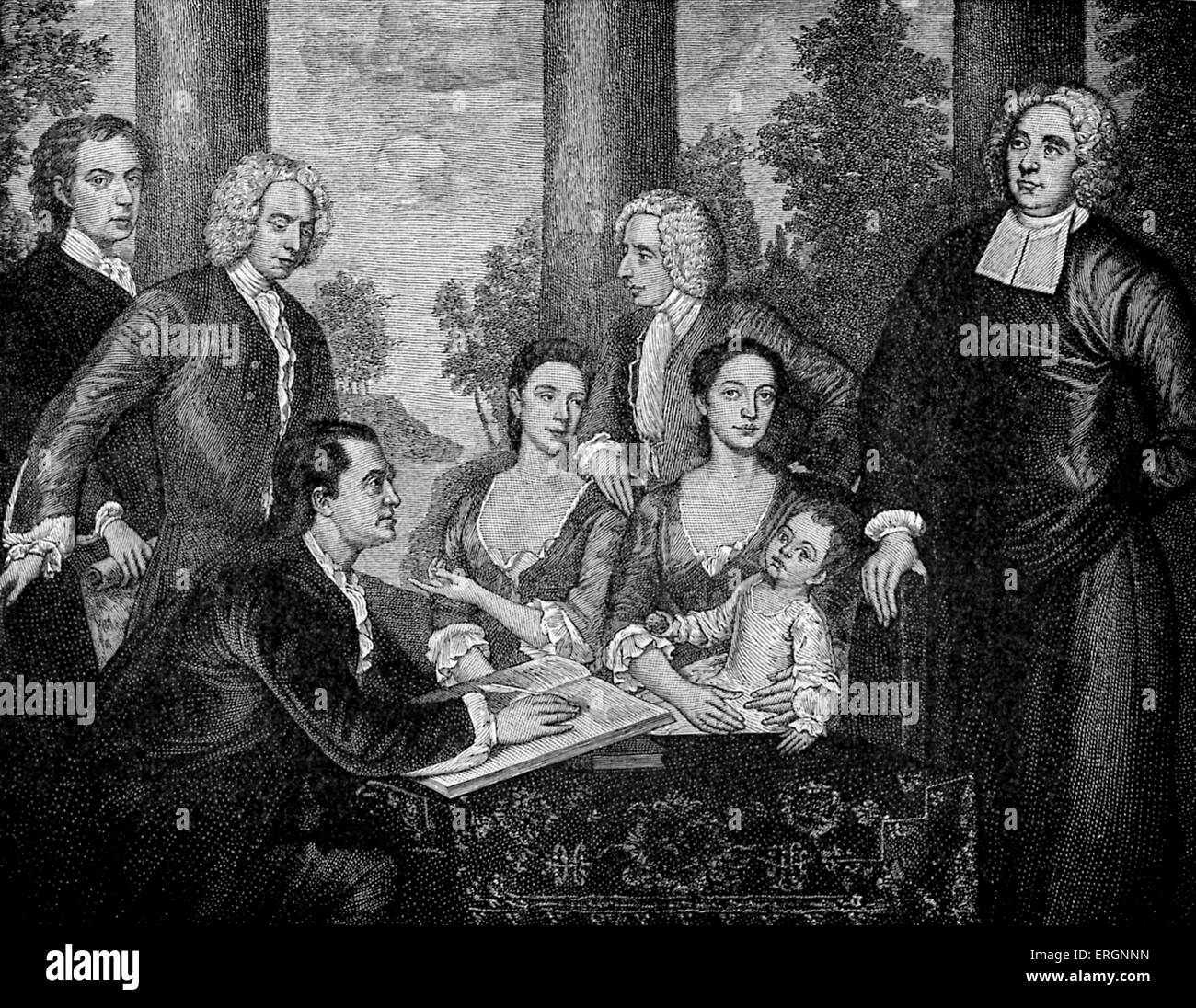 Die Bermuda-Gruppe, Dean George Berkeley mit seiner Frau und anderen Missionaren ca. 1728. Nach dem Bild von John Smybert. DGB: Stockfoto