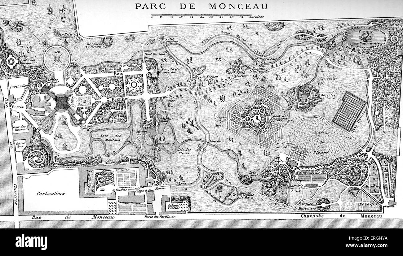 Karte von Parc de Monceau, Paris, Frankreich. Der Park wurde im Jahre 1778 von Louis Carrogis Carmontelle entworfen. LCC: Französischer Maler und Stockfoto
