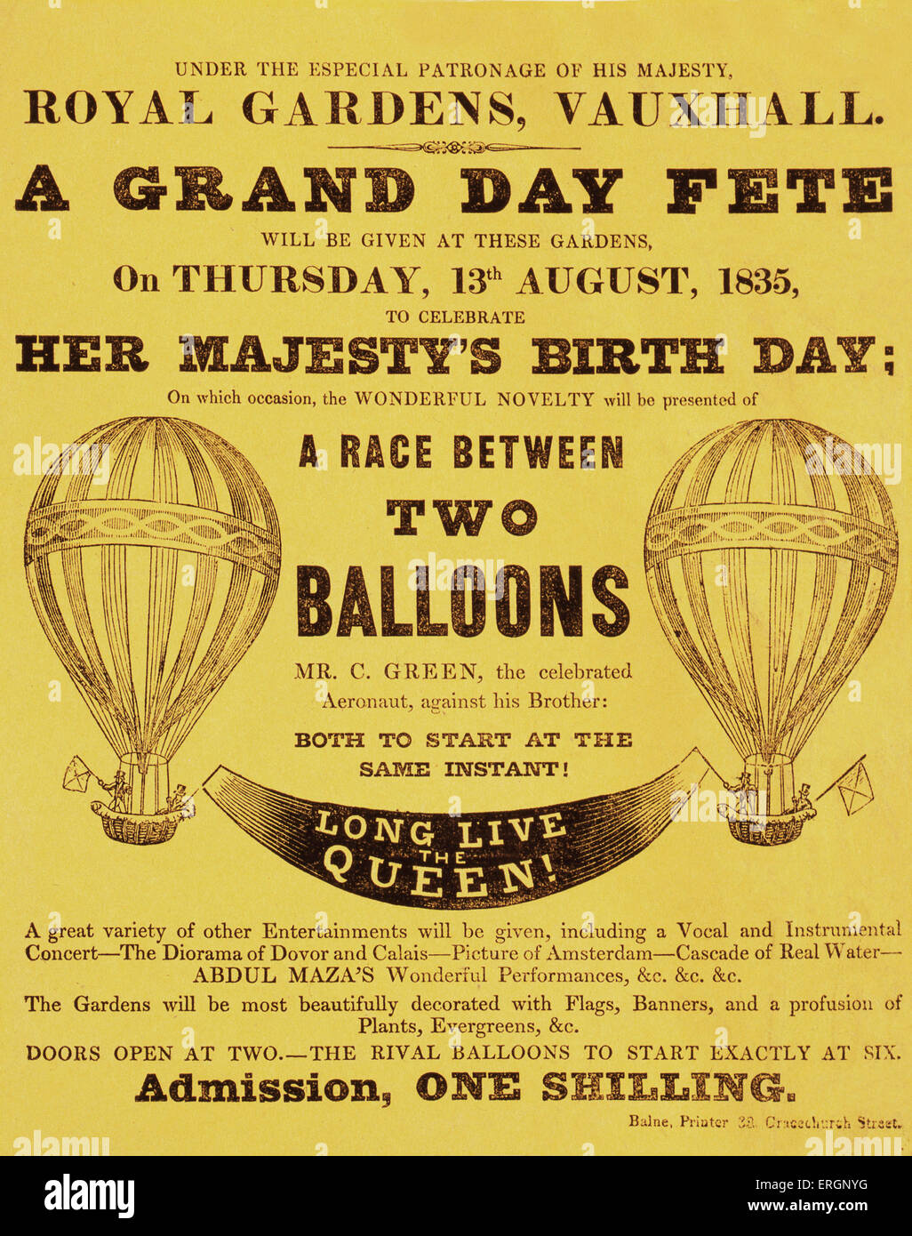 Bekanntmachung einer Ballon-Wettfahrt zur Feier des Geburtstages der Königin (Adelaide von Sachsen-Meiningen, Frau von William IV) auf Plakat Stockfoto