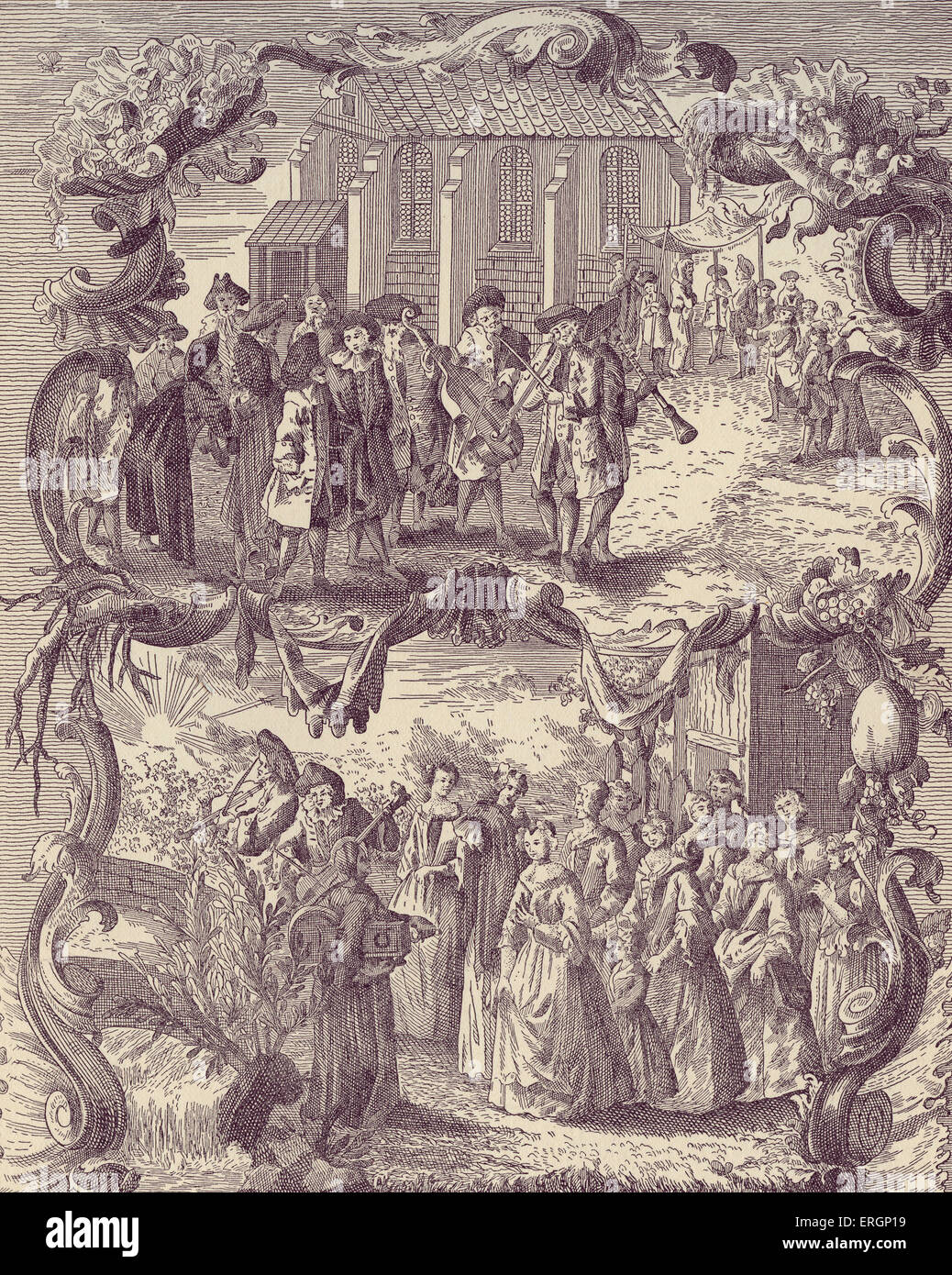 Jüdische Verbindung Prozessionen, deutschen Juden, 18. Jahrhundert. Bräutigam, begleitet von Musikern im oberen Bild, wie er seinen Weg zur Macht der Stockfoto