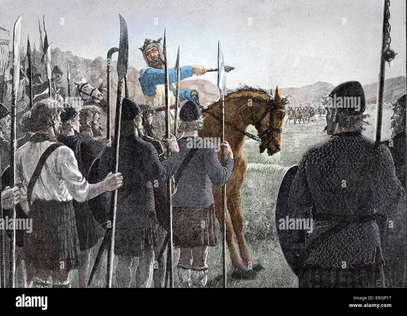 Schlacht von Bannockburn - Robert the Bruce seine Truppen vor der Schlacht zu überprüfen. 24 Juni 1314. Bedeutender schottischer Sieg in der Stockfoto