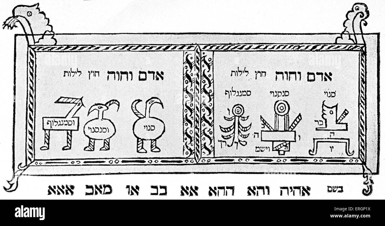 Amulett zum Schutz gegen Lilith den Dämon aus dem 'Sefer Raziel"(Buch Raziel der Engel) eine mittelalterliche Kabbala Grimoire Stockfoto