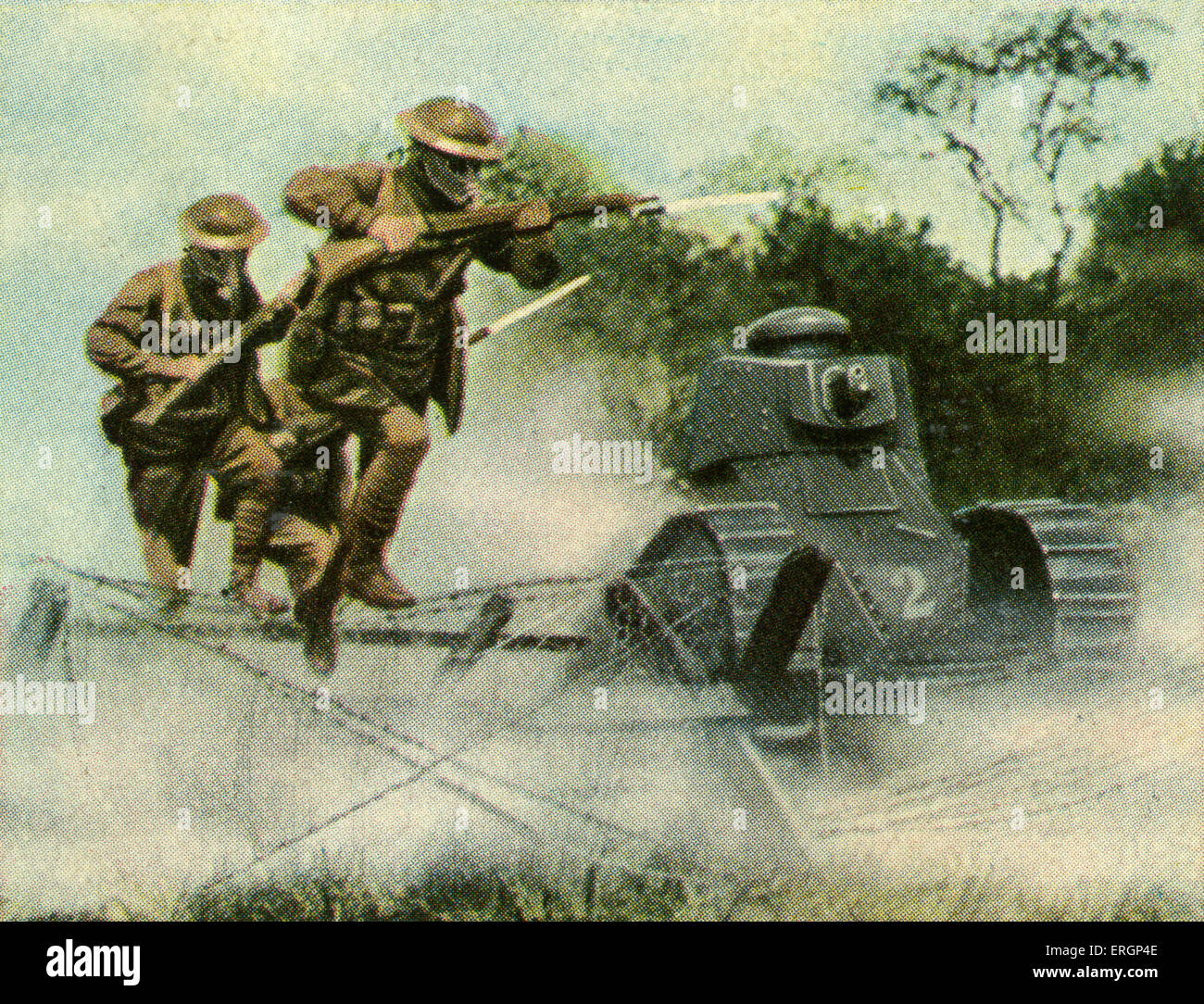 Amerikanische Infanterie zusammen mit 3-Mann-Tank beim Sturmangriff (Sturmangriff).  (Quelle: Zigarette Karten veröffentlicht in Deutschland Stockfoto