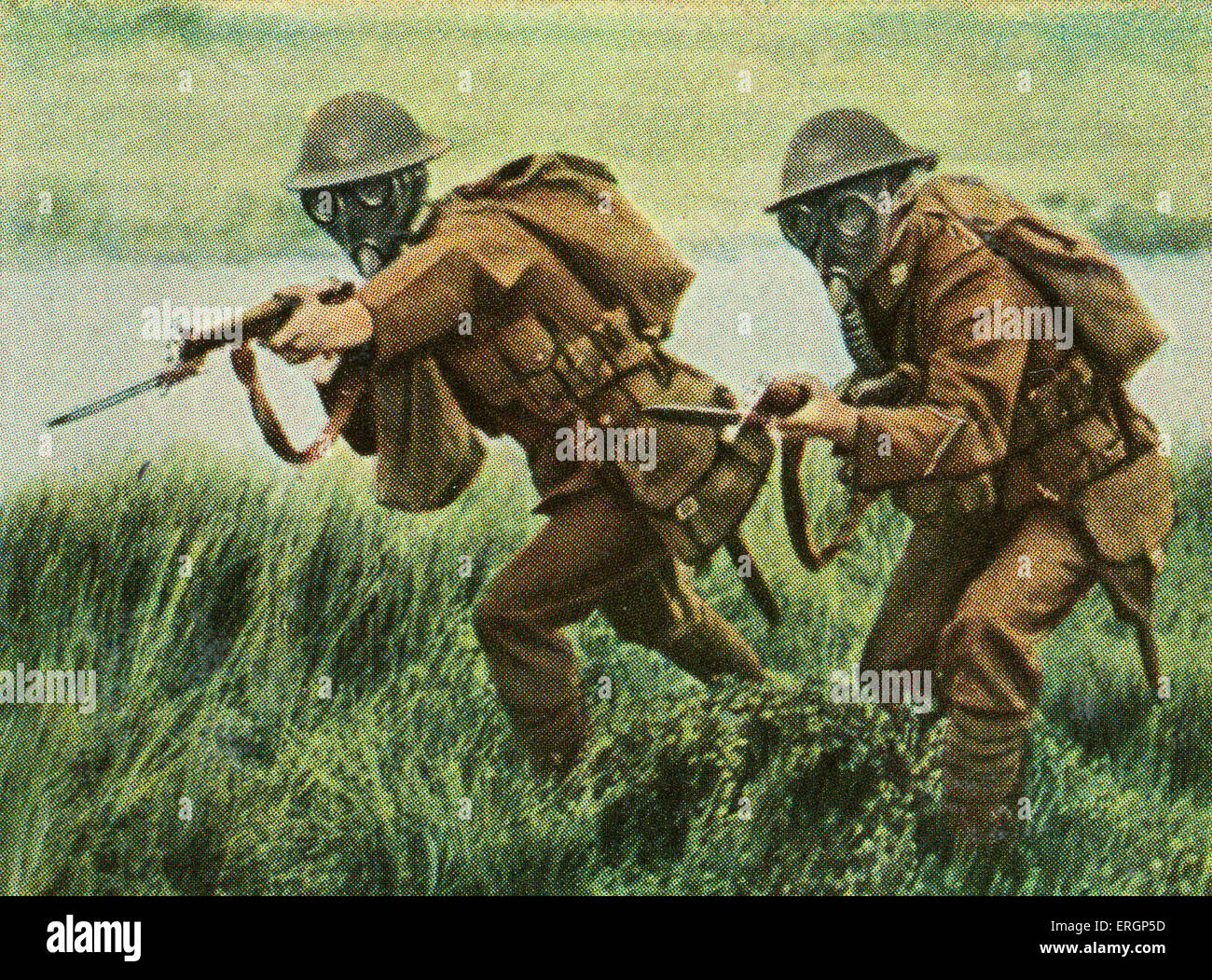 Englisch / britischen Infanteristen mit Bajonetten griffbereit in Sturmangriff und auch Gasmasken tragen.   (Quelle: Zigarette Stockfoto