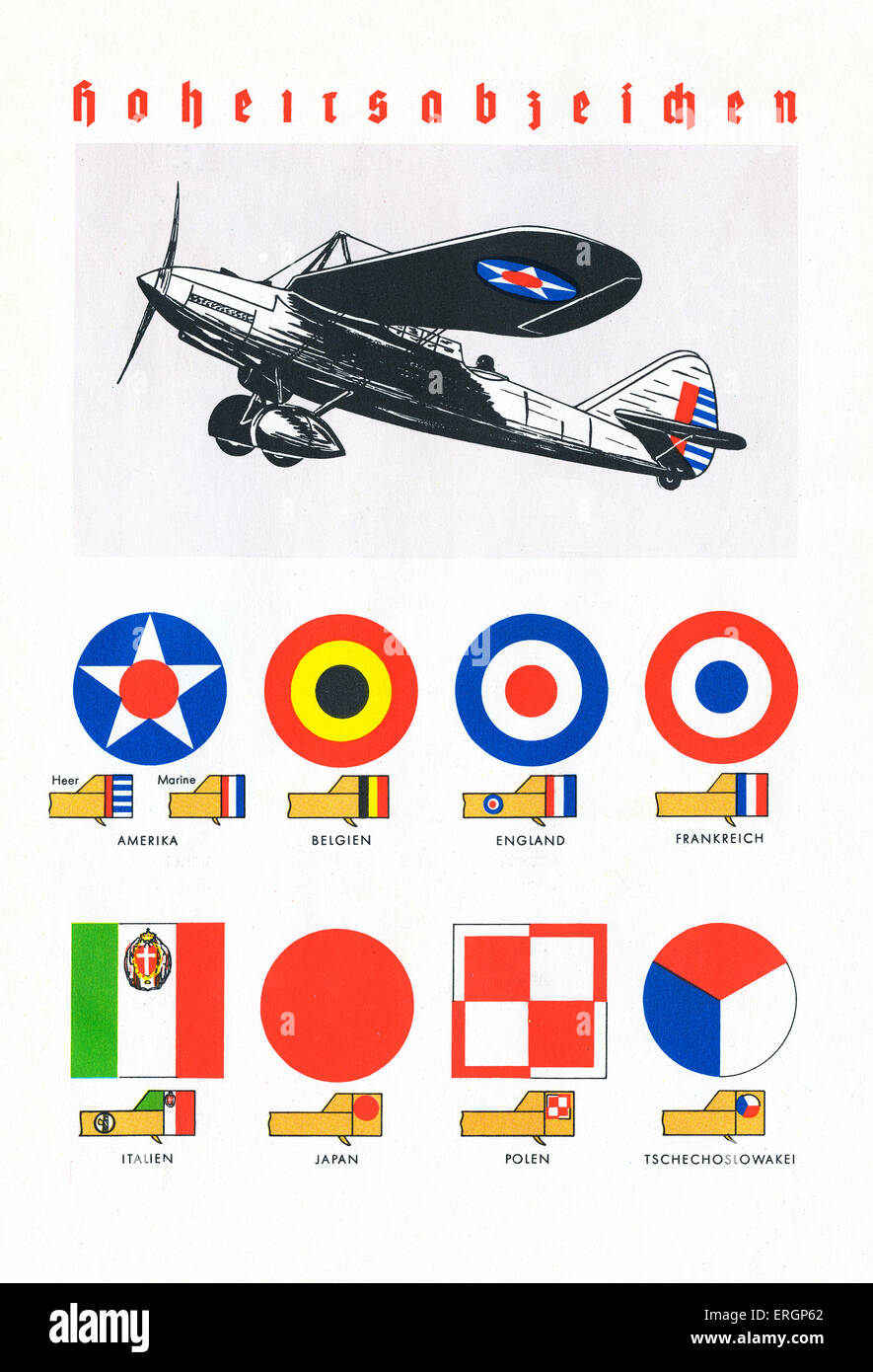 Nationalen Insignien in 1930er für Luftwaffe und Armee für Amerika (auch Marine Abzeichen), Belgien, England, Frankreich, Italien, Japan, Stockfoto